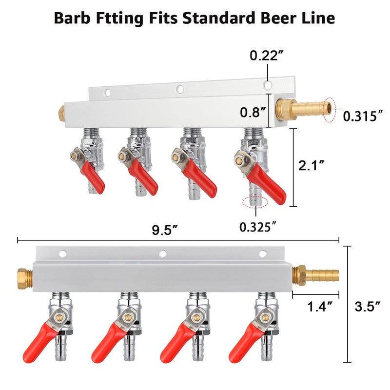 MRbrew Gas Manifold, CO2 Gas Distributor, 5/16'' Barb Fitting Beer Kegerator Splitter, 4-Way Air Distributor with Integrated Check Valves & Hose Clamps - Image 4